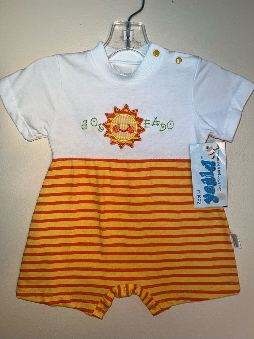 Vintage White and Yellow Striped Baby Romper - Sun Embroidered 6M
